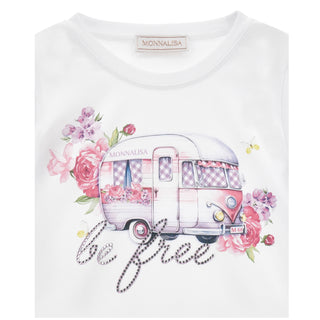 Close up of Monnalisa Be Free t-shirt with camper van and floral print