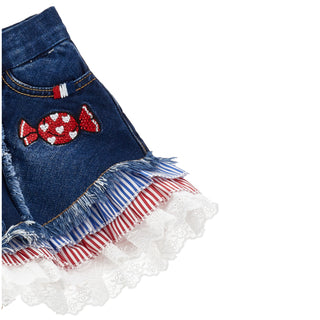 Monnalisa Denim shorts with candy applique and lace trim on a white background