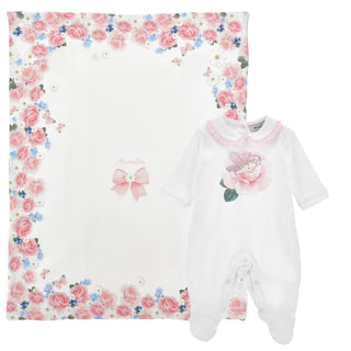 Monnalisa baby girl pink rose  baby grow with pink rose and fairy print