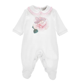 Monnalisa white baby romper with frill collar with a pink fairy design 