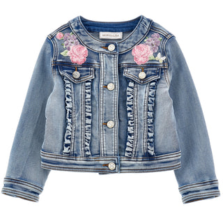 Front view of girls Monnalisa denim jacket with floral embroidery and ruffle trim.