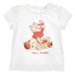 White t-shirt with a cartoon character holding strawberries and a basket, featuring Disney x Monnalisa branding.