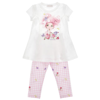 Monnalisa girls pink-haired girl tunic and gingham floral leggings outfit.