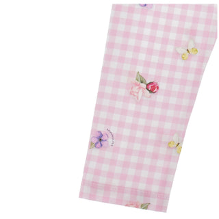 Detail of pink gingham leggings with floral and butterfly print by Monnalisa