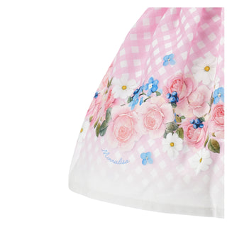 Detail of pink gingham skirt with floral border print Monnalisa