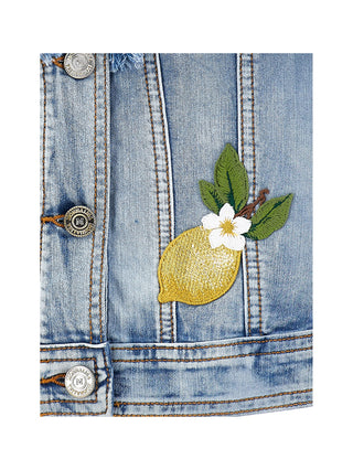 Close-up of lemon embroidery on Monnalisa girls denim jacket