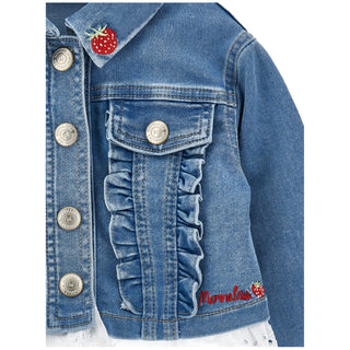 Close-up of Monnalisa strawberry collat and ruffle detail on girls denim jacket