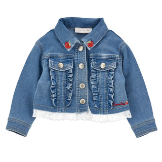 Monnalisa girls blue denim jacket with ruffles and strawberry embroidery 