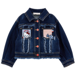 Denim jacket with Hello Kitty patch on a white background