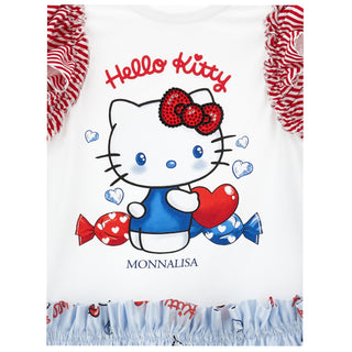 Hello Kitty character with red bow and blue outfit on a white background with red and white ruffles.
