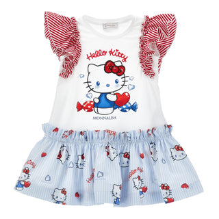 Hello Kitty dress with red and white striped sleeves on a white background
