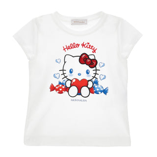 White t-shirt with Hello Kitty graphic and Monnalisa branding on a white background