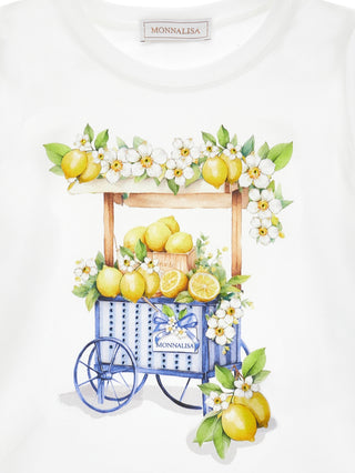 White t-shirt with a design of a lemon cart and lemons on a white background