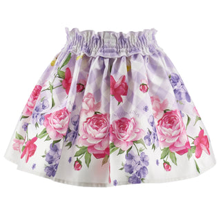 Lilac gingham girls skirt with pink roses and purple flowers by Monnalisa