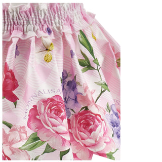 Detail of pink gingham skirt with roses and violets by Monnalisa