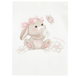 Close-up of Monnalisa SS26 bunny print on baby girl t-shirt.