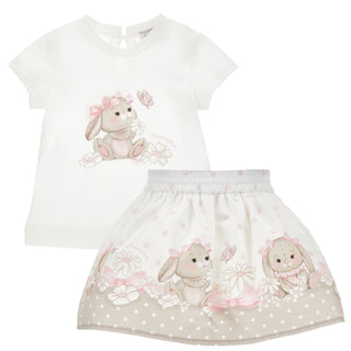 Monnalisa SS26 baby girl bunny t-shirt and skirt outfit set front view