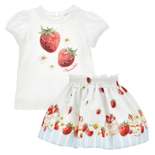 Monnalisa girls strawberry top and skirt set SS26 - white top with crystal strawberries and printed skirt