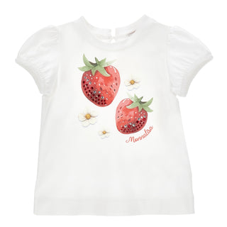 Monnalisa girls white strawberry print top with puff sleeves