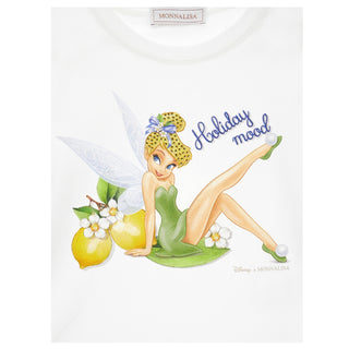 Close-up of Tinker Bell print with holiday mood text on Monnalisa Top