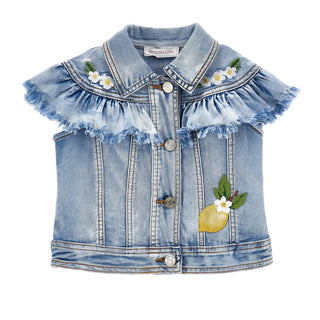 Girls Monnalisa denim jacket with floral and lemon designs on a white background