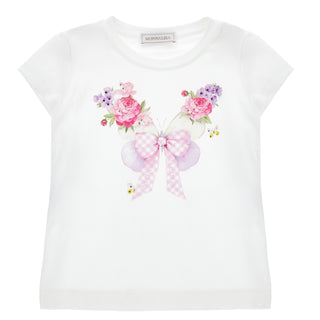 Monnalisa Girls white butterfly t-shirt with pink gingham bow