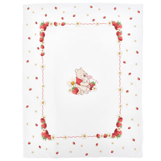 White Monnalisa baby blanket with Winnie the Pooh strawberry border and central print