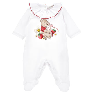 White Monnalisa baby sleepsuit with Winnie the Pooh and Piglet strawberry print