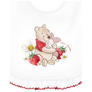 White Monnalisa baby bib with Winnie the Pooh and strawberries print and red ruffle trim