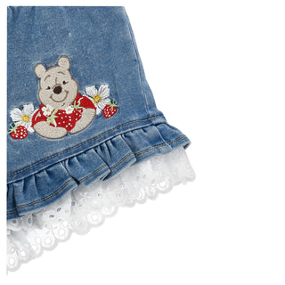 Monnalisa denim shorts with embroidered Winnie the Pooh and strawberry design.