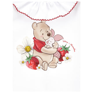 Monnalisa white newborn sleepsuit with Winnie the Pooh hugging Piglet strawberry design