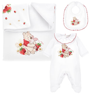Monnalisa baby gift set with Winnie the Pooh sleepsuit, bib and strawberry-print blanket