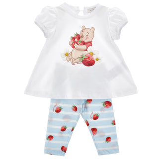 Monnalisa baby girls Winnie the Pooh strawberry top and blue strawberry leggings.