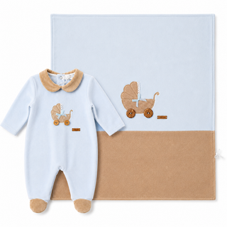 Ninnaoh AW26 baby boy blue and camel pram babygrow with matching blanket