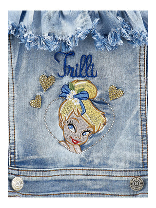 Close-up of Tinker Bell embroidery on luxury girls denim jacket by Monnalisa