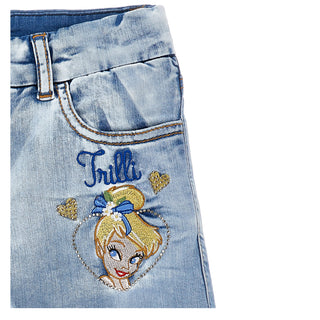 Close-up of Tinker Bell embroidery on luxury girls denim shorts